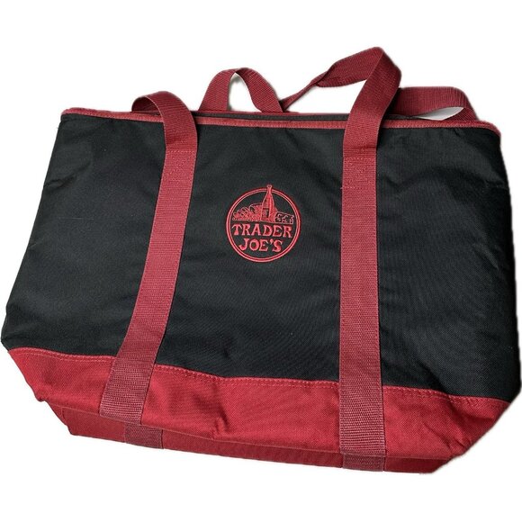 Trader Joe's Black Red Insulated Large Cooler Tote Reusable Shopping Bag 14x20 - Picture 4 of 6